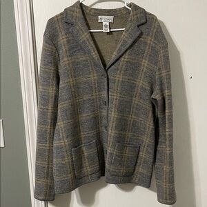 Rena Rowan Vintage 100% Wool Plaid Sweater Jacket Button Down Tan & Gray Large